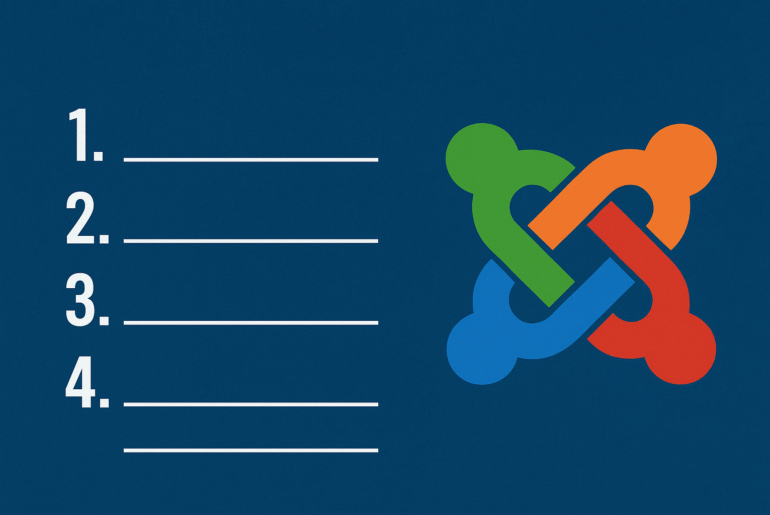 An image of the Joomla logo with four lines with bulletpoints