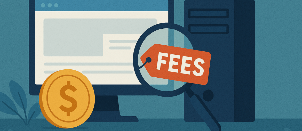 An image of a monitor with a coin and a magnifying glass in front of it, highlighting the word Fees