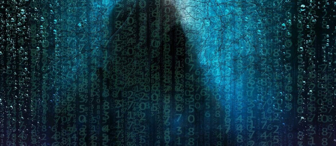 A shadow of a person that appears behind rows of letters and numbers resembling source code