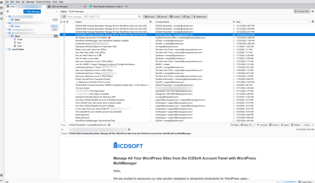 A screenshot of the Inbox folder in Thunderbird, displaying an email from ICDSoft regarding the WordPress Multimanager service