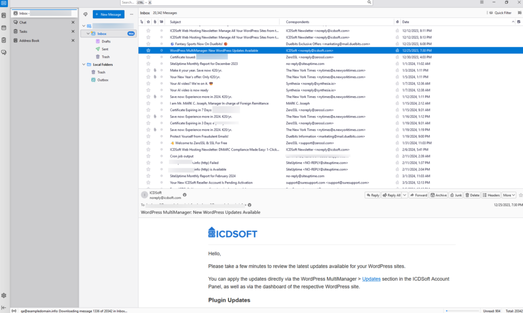 A screenshot of Betterbird displaying the Inbox folder and an email about the ICDSoft WordPress Multimanager service