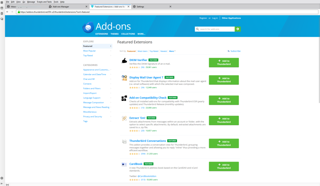 Featured extensions for Thunderbird
