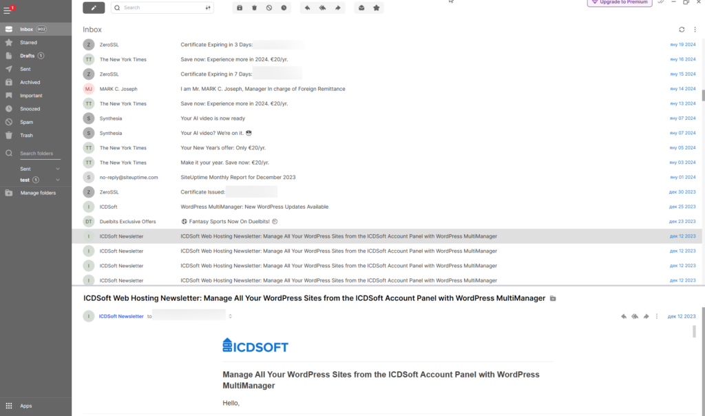 A screenshot of the Mailbird desktop application displaying the Inbox folder and an email about the ICDSoft WordPress Multimanager service