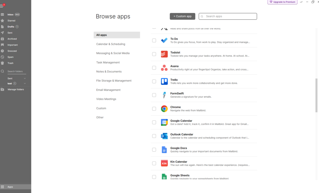 A list of the additional apps that can be added to the Mailbird desktop email application