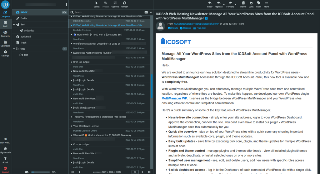 A screenshot of the Roundcube email client displaying an ICDSoft newsletter in the Inbox