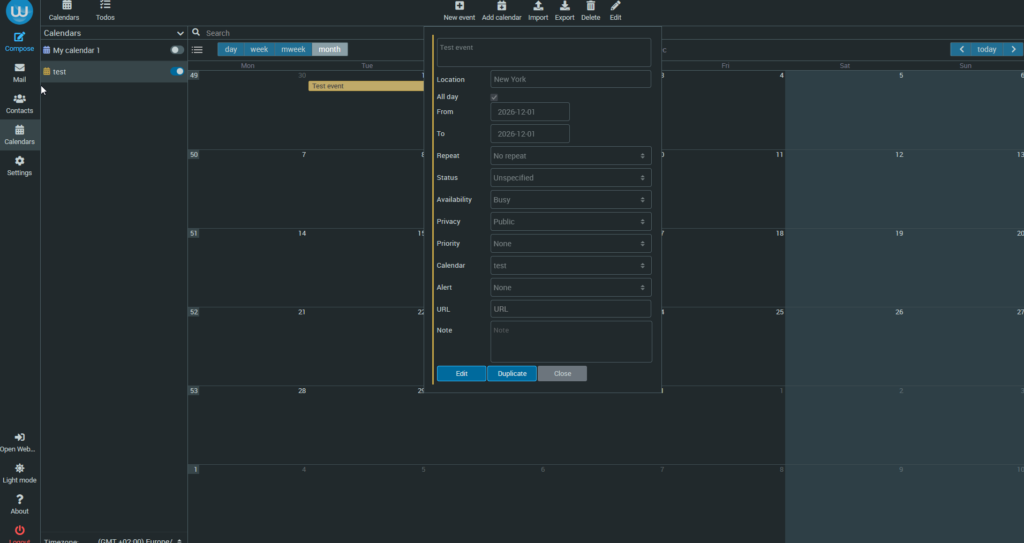 The ICDSoft calendar that is added to the Roundcube webmail client