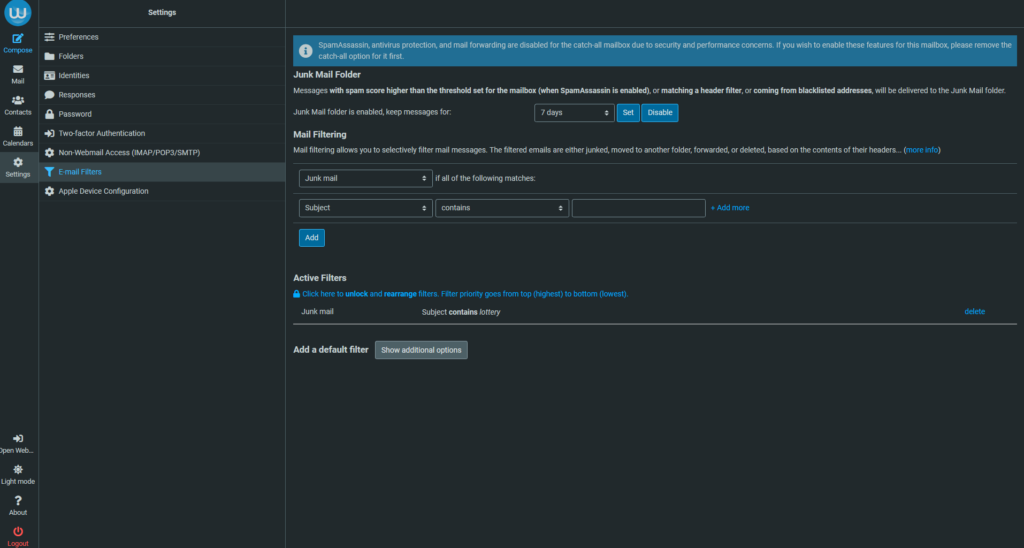 The Email Filters for the ICDSoft email service that can be managed through the Roundcube webmail client