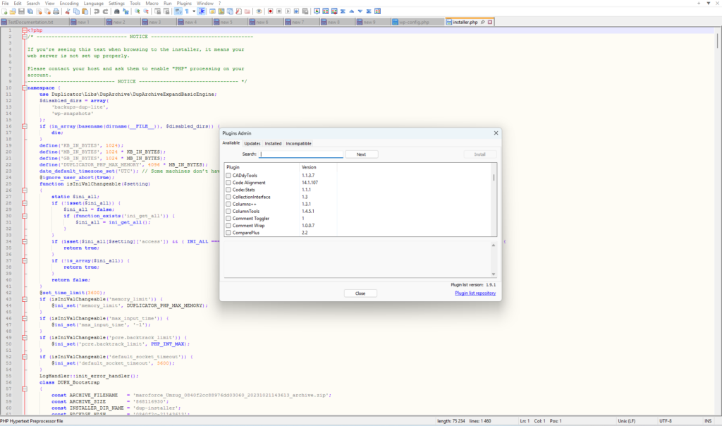 A PHP file opened in the Notepad++ code editor, with the application plugin admin displaying a number of plugins on top of it