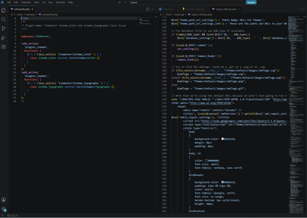Two PHP files opened in VSCodium with language-specific color highlighting