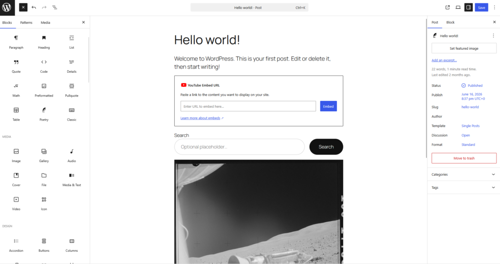 A screenshot of the WordPress block editor with multiple block options