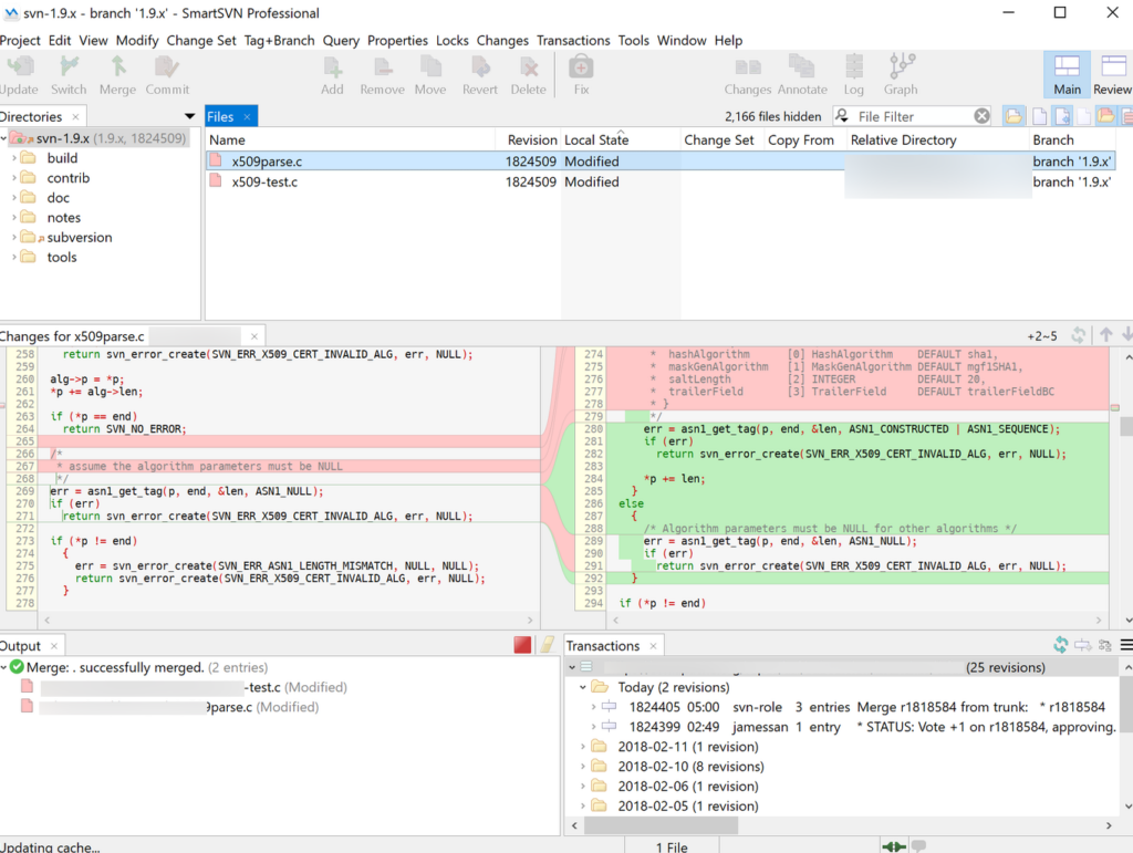 A screenshot of the SmartSVN application displaying code revisions by date
