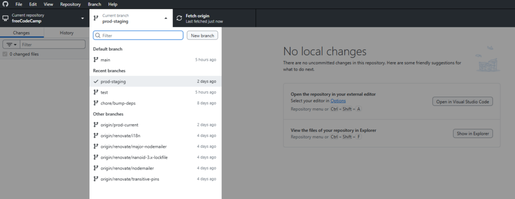 A screenshot of two GitHub repositories loaded in GitHub Desktop
