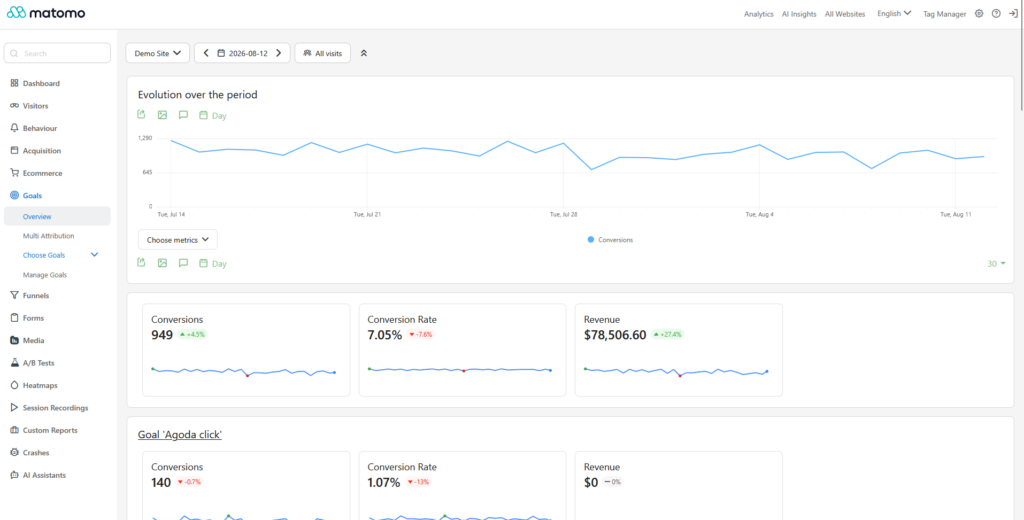 A screenshot of the Goals Overview section of the Matomo web analytics application