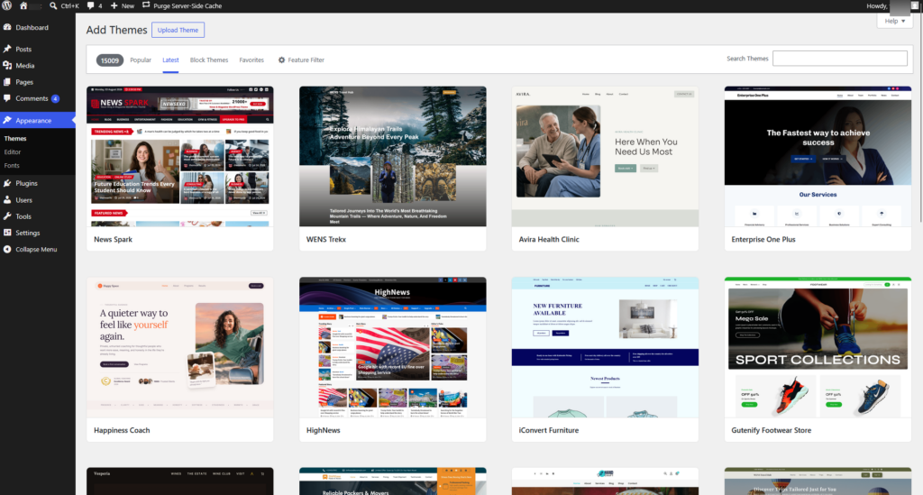 A screenshot of multiple themes that can be installed through the WordPress dashboard