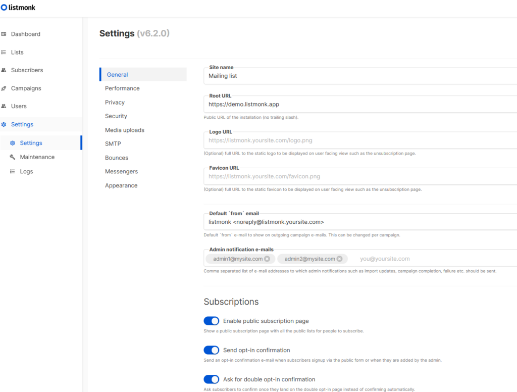 A screenshot of the Settings section of the Listmonk email marketing application