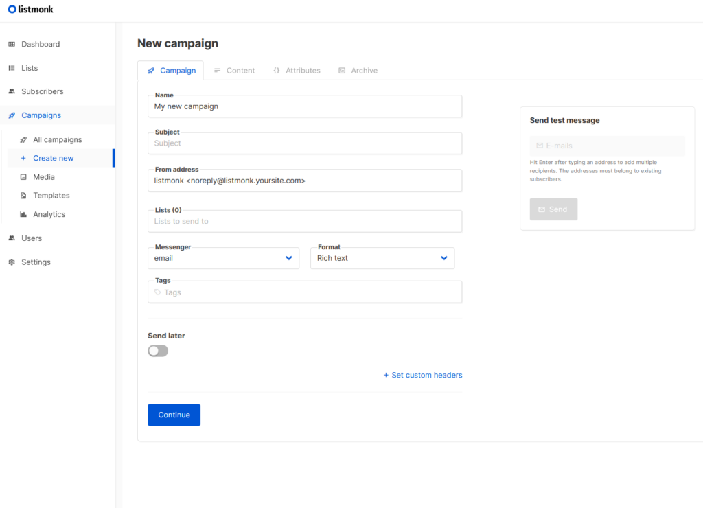 A screenshot of the New Campaign section of the Listmonk email marketing application