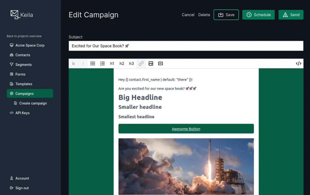 A screenshot of the Campaign section of the Keila email marketing application