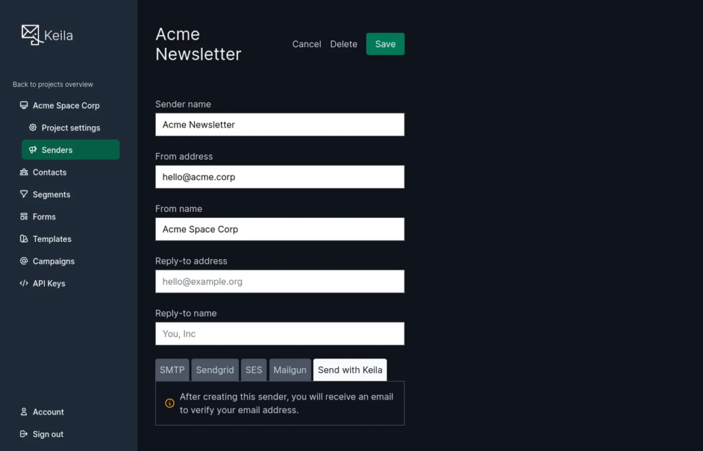 A screenshot of the Senders section of the Keila email marketing application
