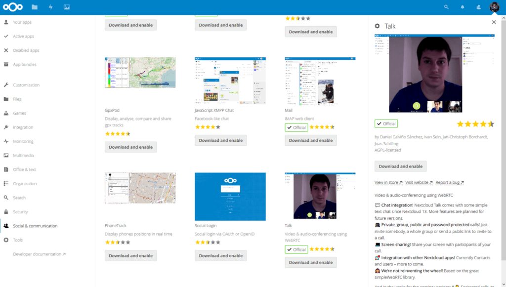 A screenshot of the Apps page in Nextcloud, demonstrating how additional apps can be added to the personal cloud platform