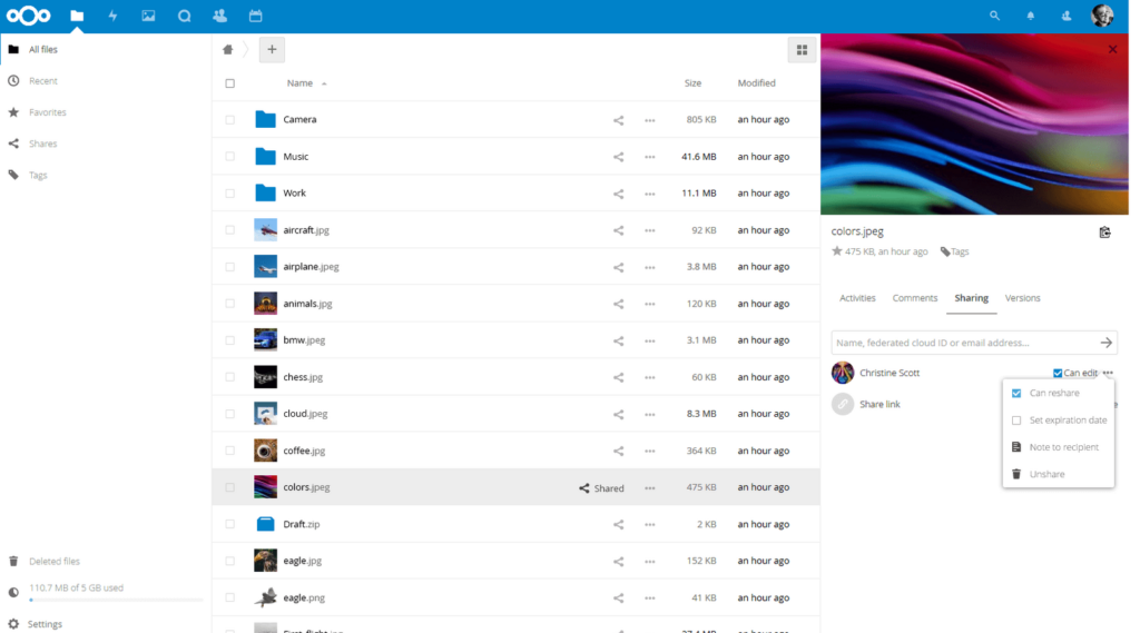The Files section of the Nextcloud personal cloud platform