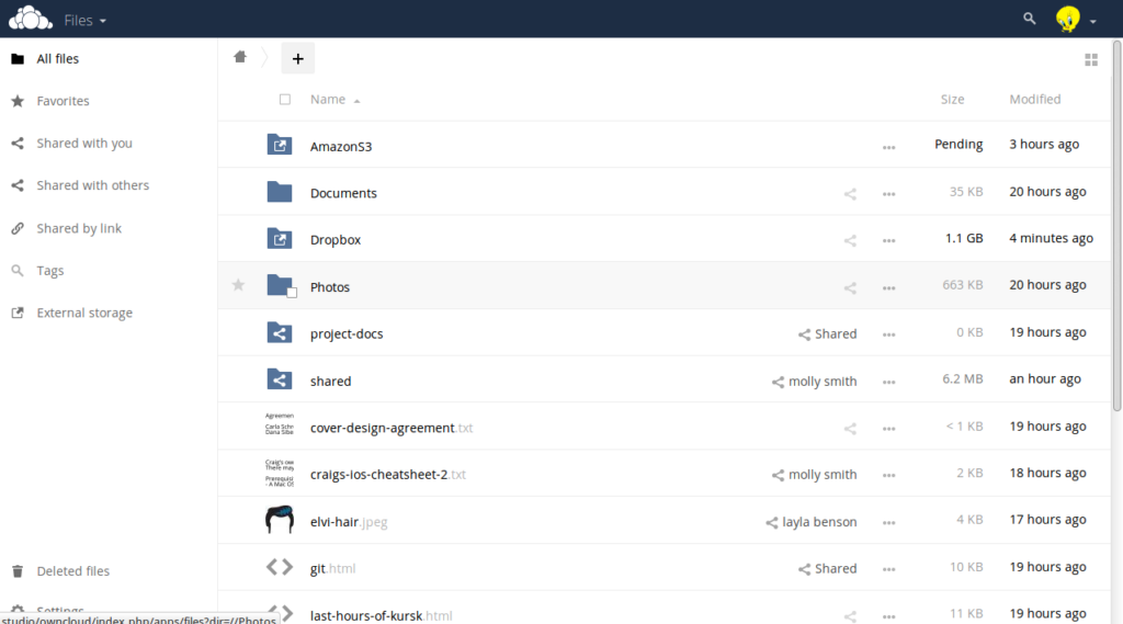 The Files section of the ownCloud personal cloud platform