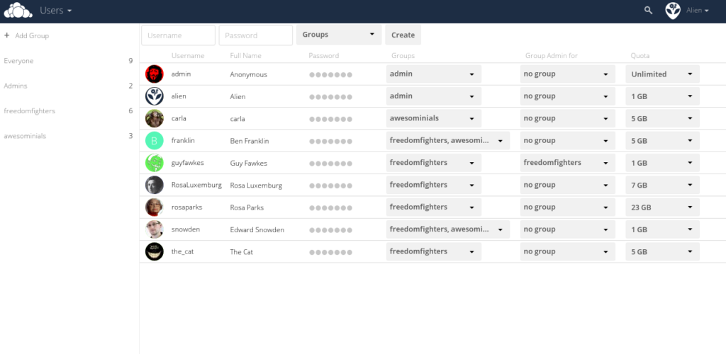 The Users section of the ownCloud personal cloud platform