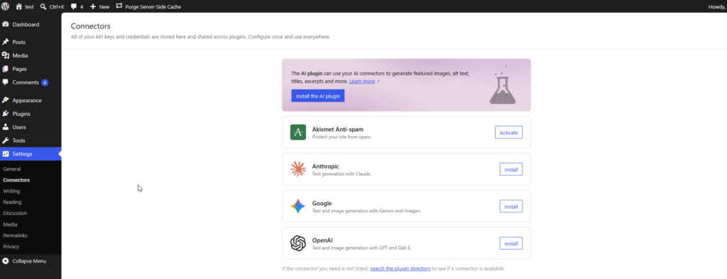 A screenshot of the WordPress dashboard that displays the AI connectors option