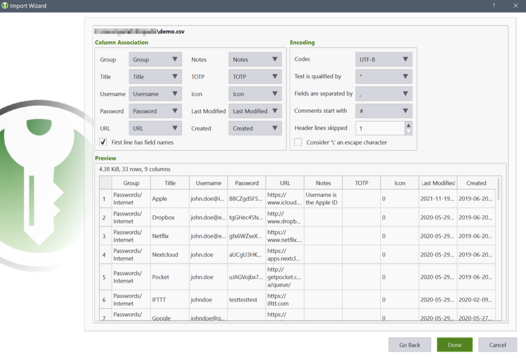 A screenshot of the Import wizard of the KeePassXC application, demonstrating how login details from other password managers can be imported, including URL, username, password, creation date, and more.
