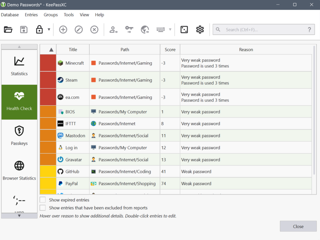 A screenshot of the Health Check section of the KeePassXC application with a list of weak passwords for different services such as Minecraft, PayPal, Gravatar, and more.