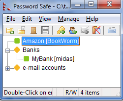 A screenshot of the Password Safe password manager with several saved accounts in it.