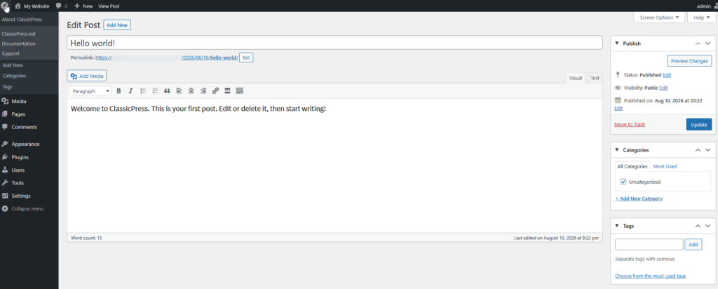 A screenshot of the ClassicPress dashboard