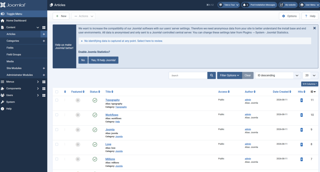 A screenshot of the Articles section in a Joomla dashboard