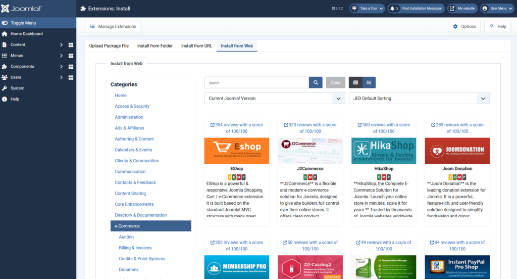 A screenshot of the Extensions section in a Joomla dashboard