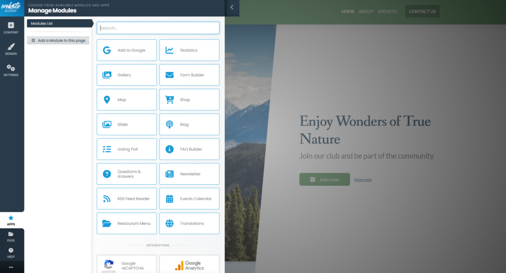 A screenshot of the modules available in the ICDSoft AI-powered Website builder