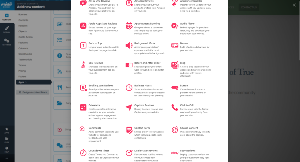 A screenshot of the Elfsight widgets that are a part of the AI-powered ICDSoft Website Builder